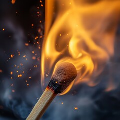 Wall Mural - A burning matchstick with smoke and embers against a black background.