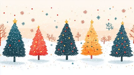 Wall Mural - risograph printing illustrator a seamless pattern with cute Christmas trees for festive packaging design