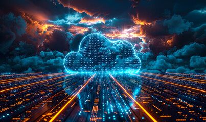 Poster - futuristic it cloud computing and storage technology concept with cyberspace data transfer at sunset