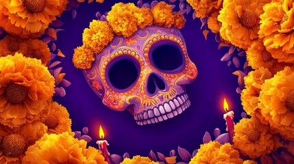 Poster - Day of the Dead Skull Art: Colorful Floral Decor with Marigolds and Candles on Purple Background