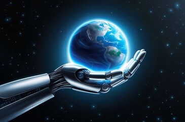 Wall Mural - A robotic hand gently cradling a glowing blue Earth, set against a vast, dark background of stars and space. Made with generative AI technology