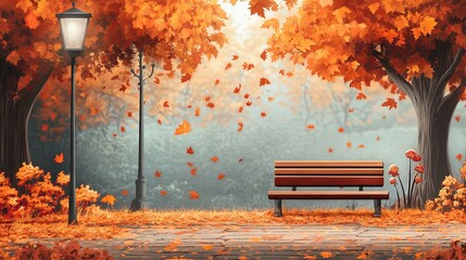Wall Mural - Autumn park with bench and maple leaves