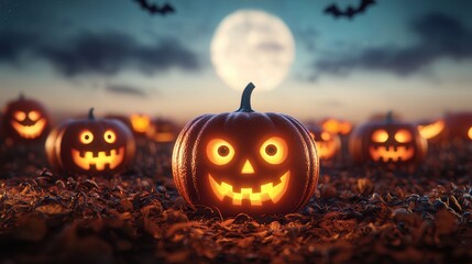 Canvas Print - Jack-o'-lantern in a field of pumpkins under a full moon.