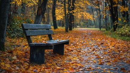 Wall Mural - Autumn park with bench and maple leaves