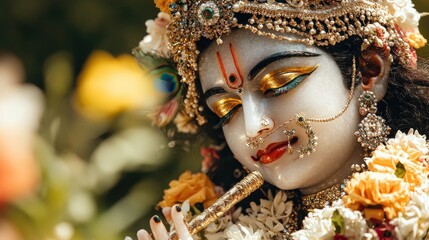 Sticker - Close up of Krishna Statue with Flute and Flowers