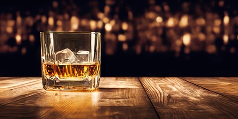 glass of whiskey on a wooden bar counter concept of popular alcoholic drink