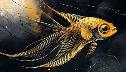 Elegant abstract poster featuring intertwining black and gold lines in a fish-inspired design