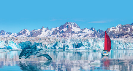 Wall Mural - Group of dolphins jumping on the water - Beautiful seascape and blue sky - Melting icebergs by the coast of Greenland with strong sea wave - Greenland