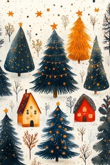 Wall Mural - risograph printing illustrator a seamless pattern with cute Christmas trees for festive packaging design