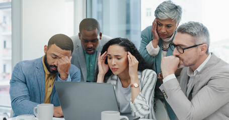 Poster - Office, teamwork and business people with stress for laptop, bad connection and glitch on company page. Corporate staff, men and women with headache for network problem, website error and mistake