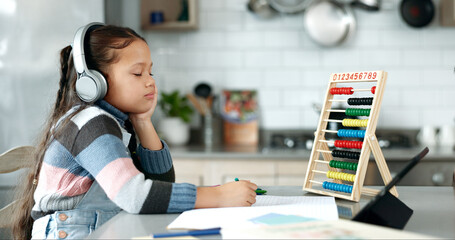 Poster - Girl, child and sleeping with homework, notebook or tired with e learning, studying and headphones in family home. Kid, burnout and fatigue with project, education or rest by tablet, book and app