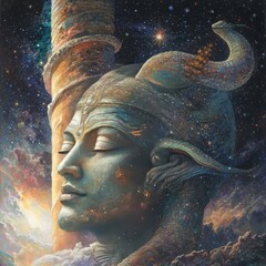 Wall Mural - A celestial being with closed eyes, their face made of swirling nebulae and stars, leans against a pillar reaching into the cosmos.