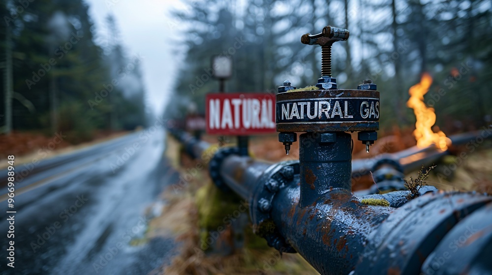 High pressure pipeline displaying NATURAL GAS and indicating gas flow ...