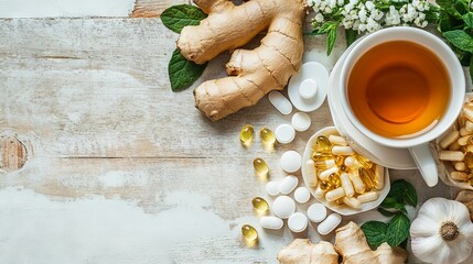 Ginger, tea, garlic, tablets on isolated background top view