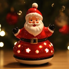 Poster - A ceramic Santa Claus figurine with a white beard and a red suit, lit up with white lights.