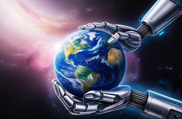 Wall Mural - Mechanical hand lifting a radiant Earth globe, surrounded by cosmic dust and distant galaxies in the background. Made with generative AI technology