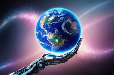 Wall Mural - Mechanical hand lifting a radiant Earth globe, surrounded by cosmic dust and distant galaxies in the background. Made with generative AI technology