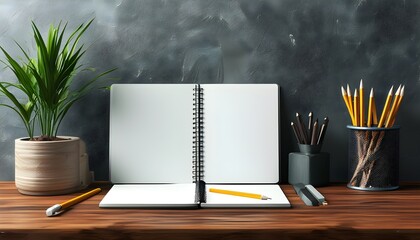 Wall Mural - Stylish mockup of a blank notebook and pencil on a digital desktop background designed for creative presentations and posters