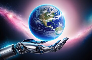 Wall Mural - Mechanical hand lifting a radiant Earth globe, surrounded by cosmic dust and distant galaxies in the background. Made with generative AI technology
