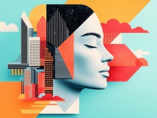 Canvas Print - Abstract Cityscape with a Woman's Face.