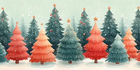 Wall Mural - risograph printing illustrator a seamless pattern with cute Christmas trees for festive packaging design