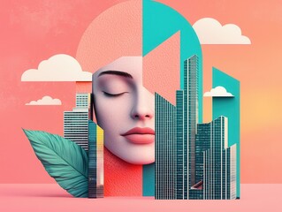 Canvas Print - Abstract Cityscape With Woman's Face.