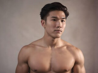 Sexy Shirtless Muscular Asian Man Profile Portrait Health Concept Isolated on Blank Wall Background