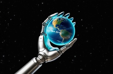 Wall Mural - Silver robotic hand gripping a small, illuminated planet Earth, floating in a black void with scattered stars. Made with generative AI technology