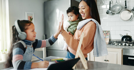 Poster - Tablet, education and child high five with mom for online learning, school project and math lesson. Family, digital tech and mother with girl with homework for success, studying and test results
