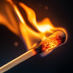 A close-up of a burning matchstick with flames and smoke on a black background.