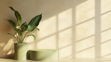 Aufkleber - Calathea plant on beige wall 3D render of a green cylinder podium in an empty mockup setting