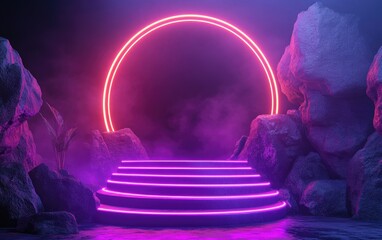 Aufkleber - Round stage illuminated by neon lights featuring a staircase against a dark backdrop