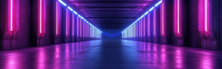 Poster - Large Retro Futuristic Sci Fi Hangar with Neon Lights and Laser Effects in Purple and Blue Featuring a Spacious Concrete Warehouse Tunnel with Columns Modern 3D Rendering Illustration