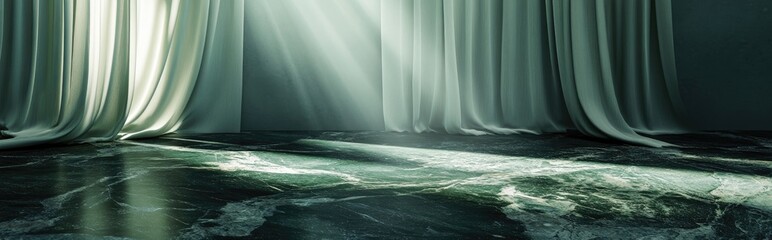 Aufkleber - Empty area on a solid dark green granite surface for showcasing beauty and fashion items complemented by flowing sheer satin curtains and sunlight 3D render templates mockup background premium shi