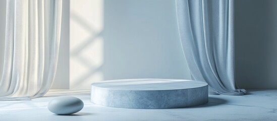 Poster - Product podium on a soft background featuring 3D abstract minimal geometry Represents a studio stand platform and serves as a theme for exhibitions and business marketing presentations 3D renderin