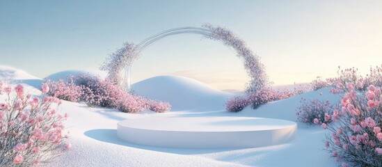 Poster - Abstract 3D rendering featuring a natural setting a white podium on snowy terrain surrounded by a flower field with a backdrop of a glass arch and clear sky ideal for product display and advertisin