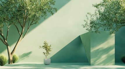 Poster - Minimalistic 3D rendering of a geometric shape in a natural green setting Illustration
