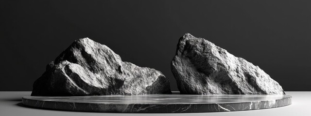 Poster - Black and white textured stone podium with abstract rock elements for product display in a 3D rendering background