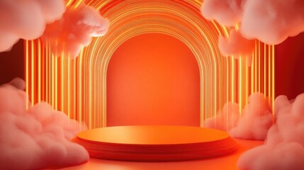 Poster - Neon orange and bright red 3D rendered display podium with abstract cloud shapes and golden lines in a luxurious minimalist composition featuring a cylindrical platform