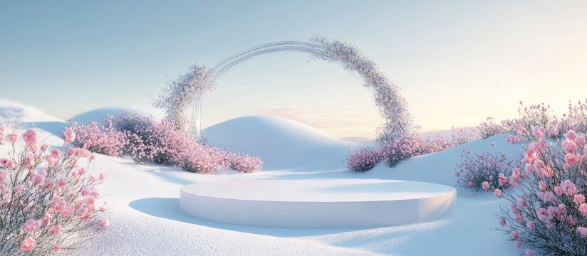 Abstract 3D rendering featuring a natural setting a white podium on snowy terrain surrounded by a flower field with a backdrop of a glass arch and clear sky ideal for product display and advertisin
