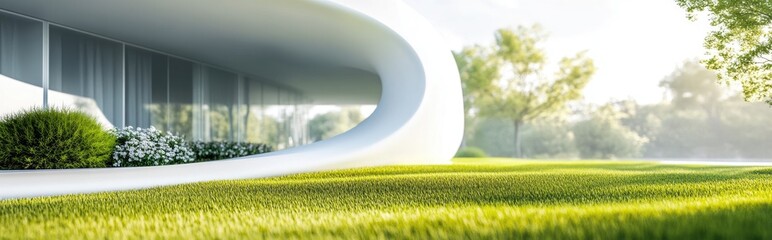 Poster - Abstract architectural background featuring a white curved structure alongside grassy landscaping rendered in 3D