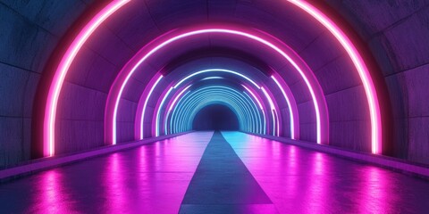 Poster - Futuristic neon lit stage with glowing laser lights in a dark vibrant setting featuring blue purple and pink hues set within a reflective concrete tunnel 3D rendering