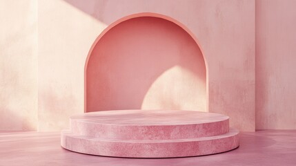 Poster - Pink stone podium with an abstract geometric backdrop Circular pedestal for showcasing cosmetic products Minimalist mockup scene and concept template 3D render