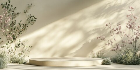 Poster - Subtle botanical backdrop with shadow play on the surface ideal for framing covers cards or postcards Display platform featuring elegant showcase on a soft pastel background for high end products