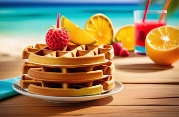 bright colourful dessert with freshly done waffle and fresh fruits on tropical background