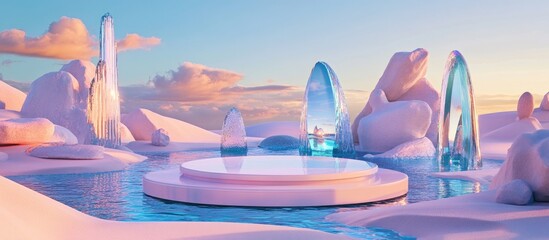 Poster - Surreal landscape rendered in 3D featuring a circular podium surrounded by water and vibrant sand The backdrop includes abstract glass and mirror shapes and objects creating a futuristic fantasy sc