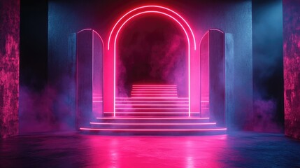 Poster - Neon lit stage backdrop 3D rendering