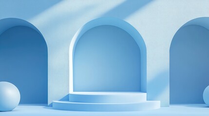 Poster - Empty podium featuring geometric shapes in a blue composition for modern stage presentations and minimalist mockups serving as an abstract showcase background 3D illustration or render concept