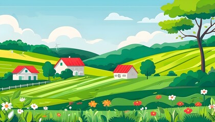 Wall Mural - Vibrant Spring Green Rural Fields in a Flat Illustration Style for Poster Background