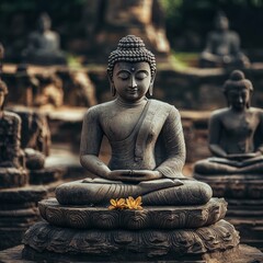 Sticker - A close-up of a stone Buddha statue in a serene pose with a single flower at its feet, surrounded by other statues in a lush green garden.